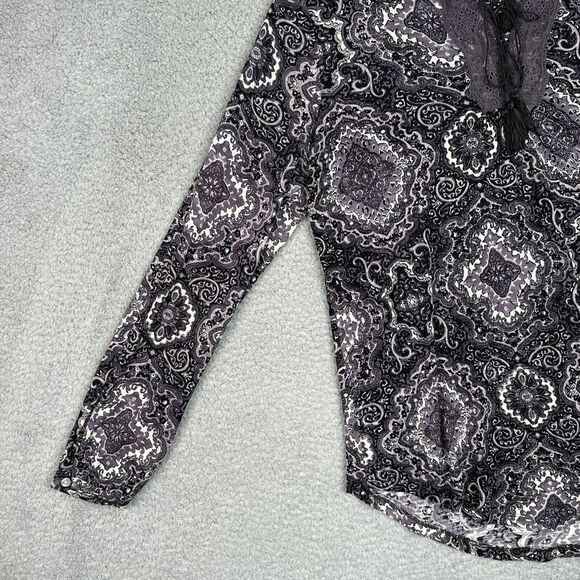 Lucky Brand Black Purple Paisley‎ Lace Tassel Tie Peasant Blouse Size Large - Picture 5 of 13